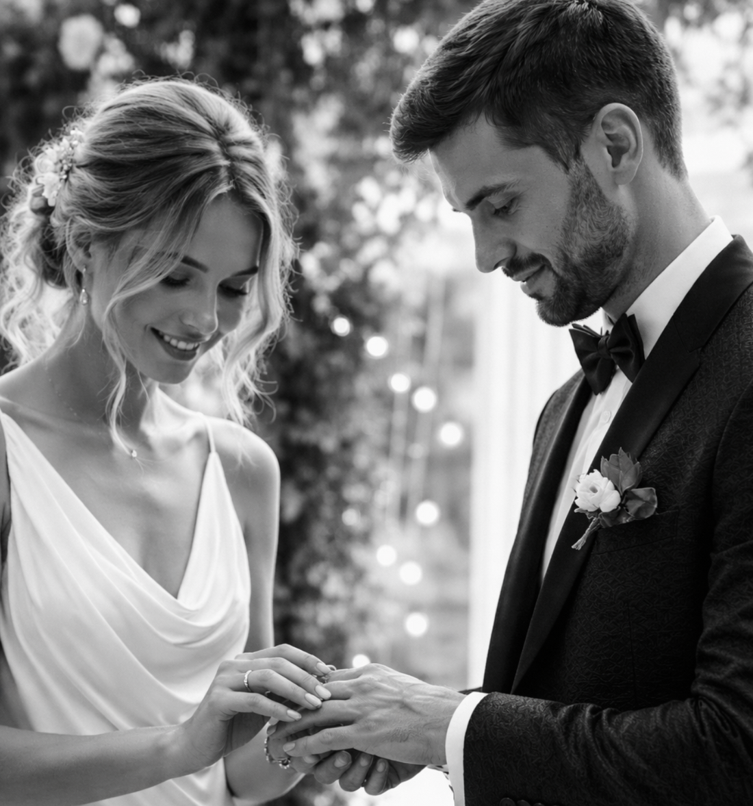 „Žena a muž si na moderní designové svatbě vyměňují snubní prstýnky – černobílá fotografie.“