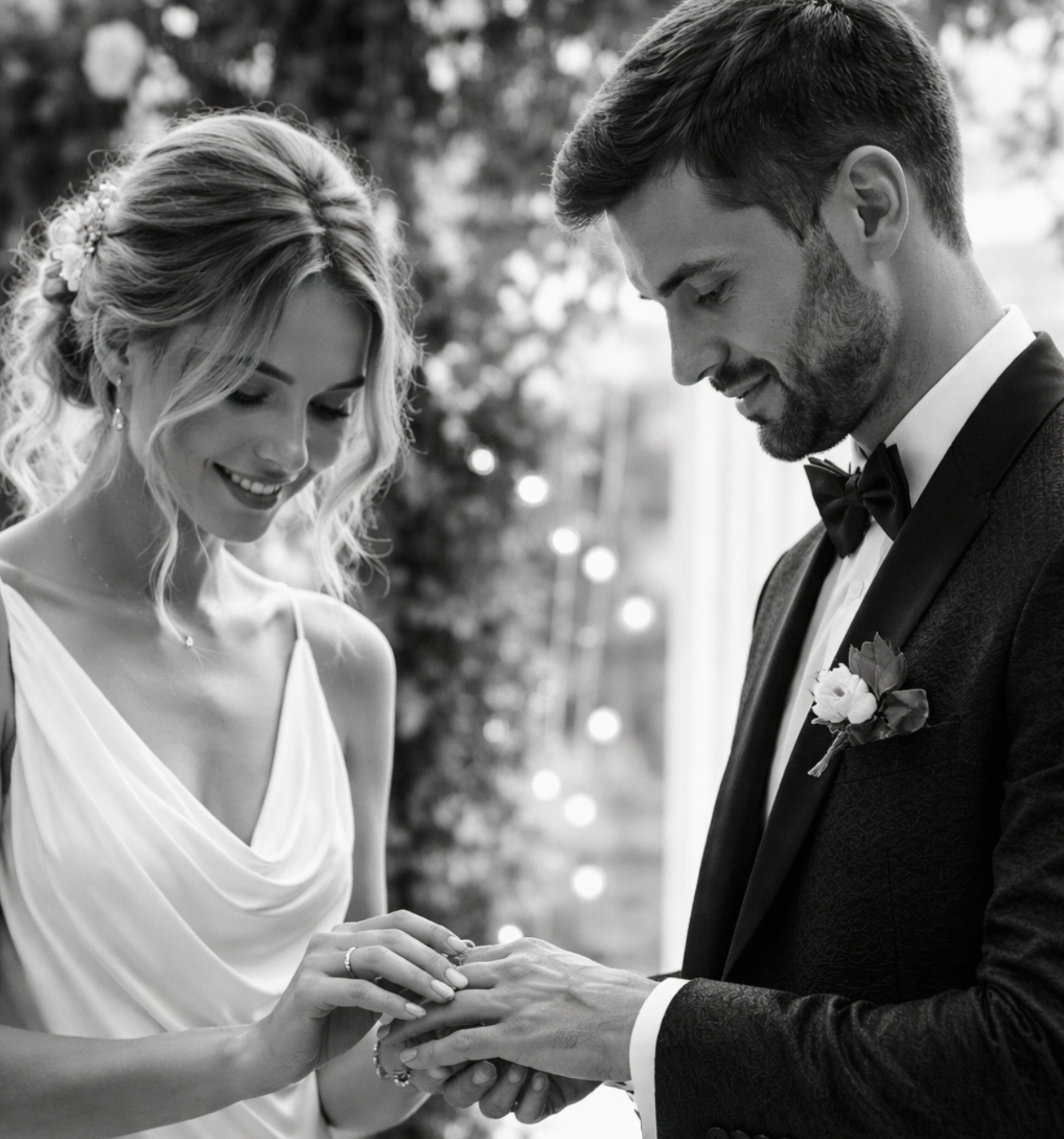 „Žena a muž si na moderní designové svatbě vyměňují snubní prstýnky – černobílá fotografie.“